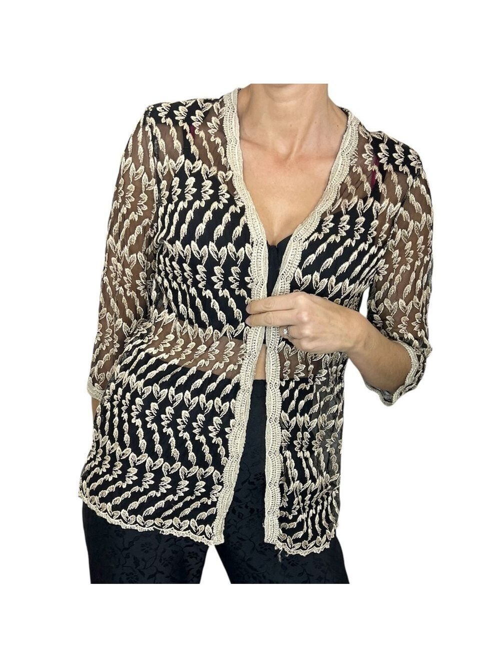 Vintage black mesh tan embroidered open front 3/4 sleeve cardigan